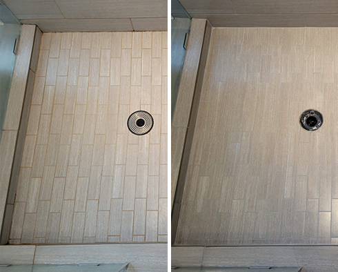 Shower Floor Before and After Our Caulking Services in Tucson