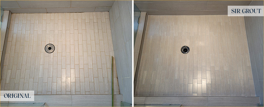 Shower Floor Before and After Our Caulking Services in Tucson