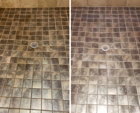 Shower Floor Before and After a Grout Sealing in Oro Valley