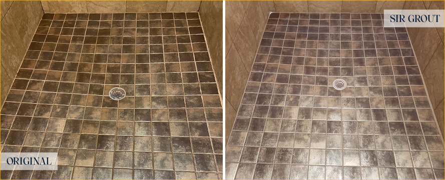 Shower Floor Before and After a Grout Sealing in Oro Valley